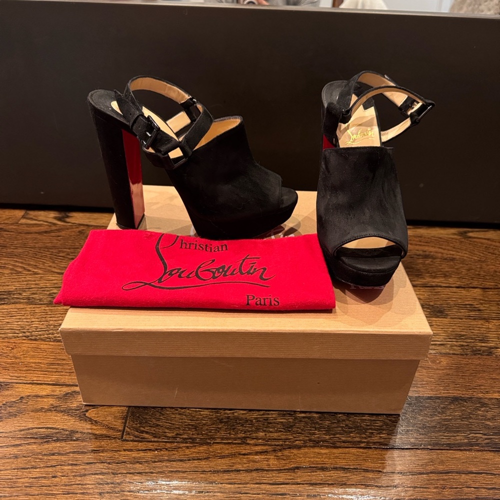 Christian Louboutin Black Suede Platform Peep-Toe Slingback Heels with Red Sole